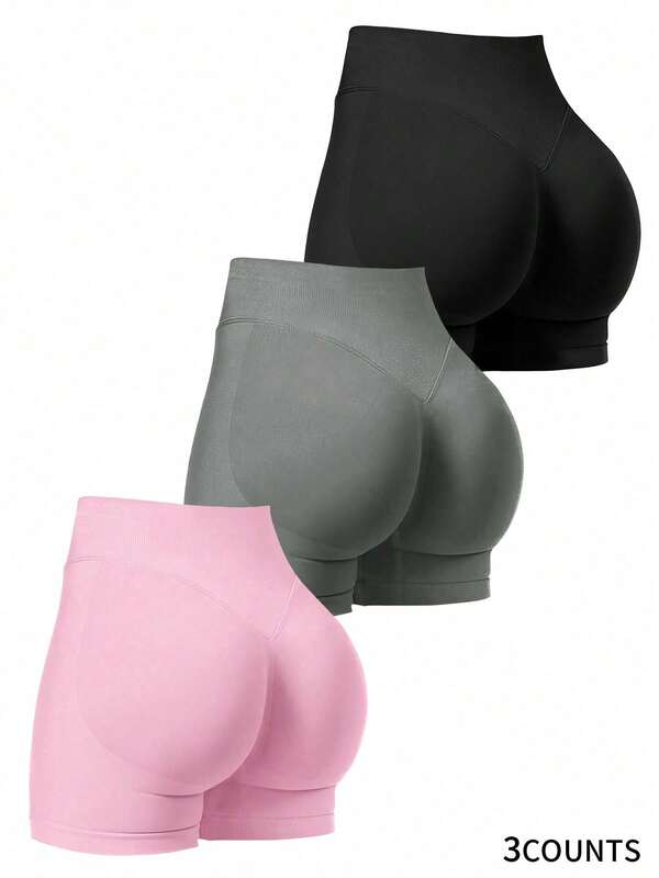 Three Pieces Set Of Women's Sport Shorts, Short Seamless Stretchy Tight Pants, High-Waisted Anti-Transparency Tummy Control Yoga Shorts, Suitable For Fitness, Running, Cycling, Yoga, Exercise And Casual Wear.