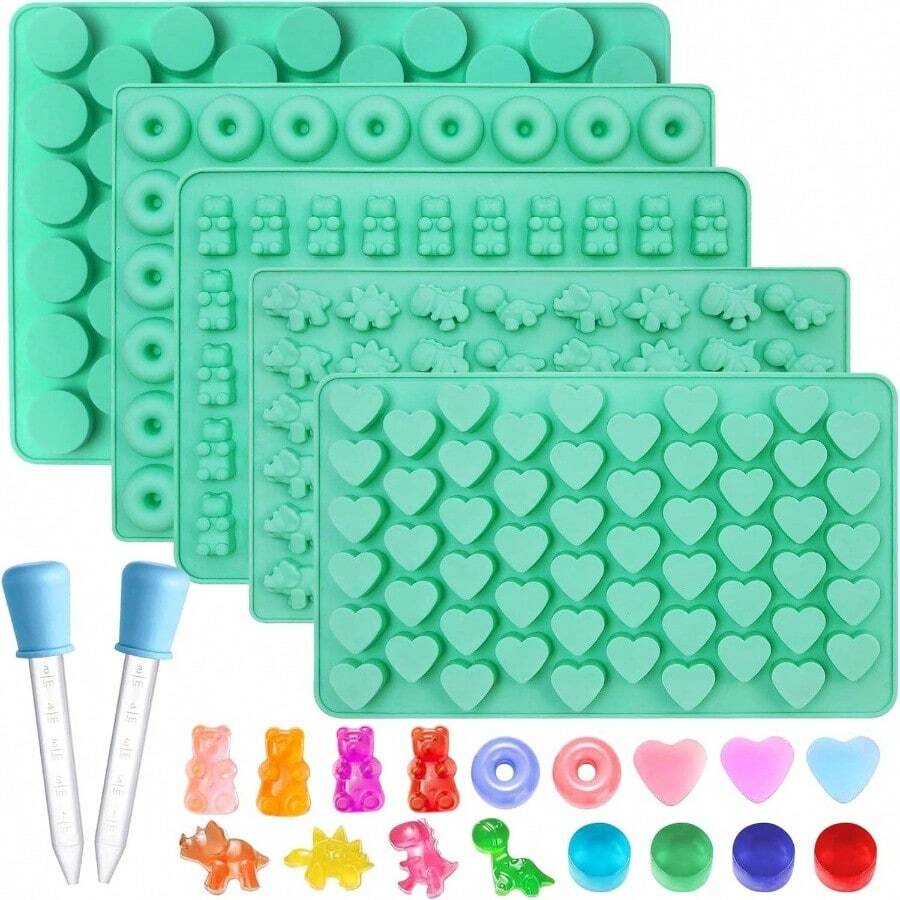 7Pcs Gummy Bear Molds Silicone, Nonstick Gummy Chocolate Candy Worm Molds With 2 Droppers Convenient Filling, Includes Bear, Worm, Dinosaur, Donut And Heart, 218Cavity - Bộ 5 với Gummy Round - Xem 1