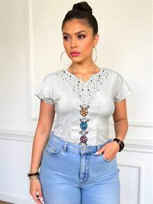 Blusa cuello redondo, manga corta con bordado artesanal lindo de cuatro flores coloridas ideal para un look casual y de diario - Hueso - Ver 1