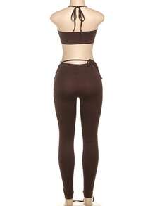 2pcs/Set Sexy Lace-Up Crop Top And Drawstring Waist Pants, Street Fashion Outfit, Suitable For Party, Spring/Summer