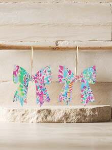 2pcs Fashion Women's Graffiti Colorful Bow Earrings, Cute Acrylic Bow Design Earrings, European And American Style