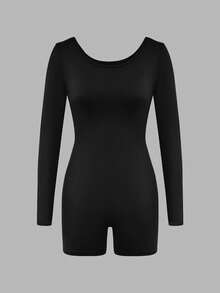 Women's Black Crew Neck Long Sleeve Short Jumpsuit, Stretchy Fabric, Petite Fit