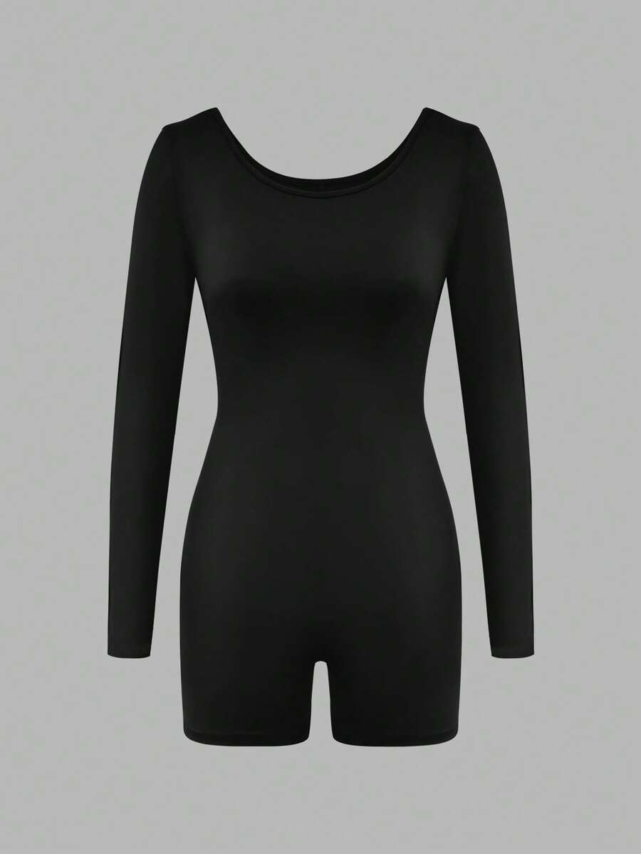 Women's Black Crew Neck Long Sleeve Short Jumpsuit, Stretchy Fabric, Petite Fit