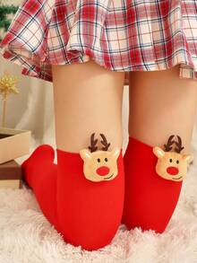 زوج من جوارب طويلة فوق الركبة للنساء بشكل دمية رنة حمراء، مناسبة لأزياء عيد الميلاد والهدايا وحفلات التنكر