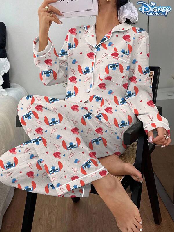 Disney 2pcs Stitch Series Heart Print Cardigan & Pleated Casual Long Sleeve Pants Women Pajama Set