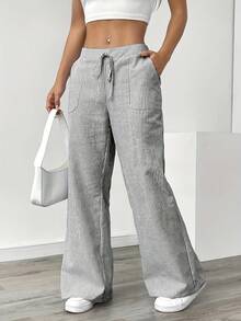 New Women's Slant Pocket Wide-Leg Pants, Casual Striped Print Loose Drawstring Waist Pants, Women's Sports Trousers - 灰色 - 查看 8