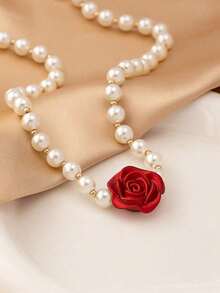 Red Rose Pendant Pearl Necklace For Women, Luxury Vintage Choker Necklace, Exaggerated European And American Fashion Accessory - 彩色 - 查看 3
