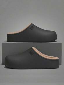 Men's PU Leather Flat Warm Slippers, Indoor/Outdoor EVA Plush Closed-Toe Slippers, Autumn/Winter