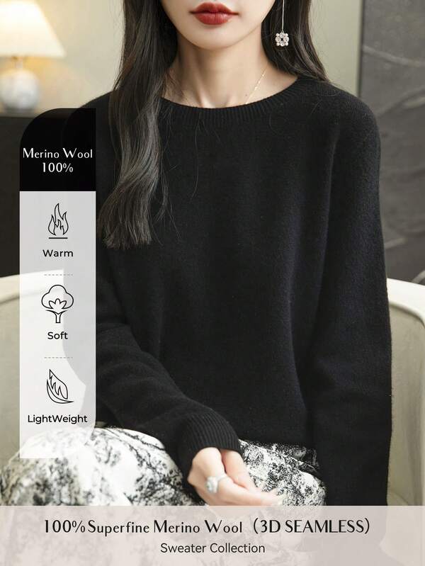 Women's 100% Merino Wool Sweater Autumn Winter Long Sleeve Women's Crewneck Sweater Warm Soft Knitted Pullover Top