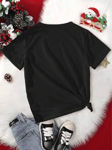Playera infantil para niñas de 3 a 12 años, hecha de algodon, cuello redondo, manga corta y diseño de "Tren de Juguete Navideño" - Negro - Ver 3