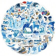 50Pcs Blue Christmas Gifts Gingerbread Christmas Decorations Blue Cartoon Christmas Stickers Winter Stickers Art Christmas Ornaments Cartoon Stickers For Water Bottle, Hydroflask, Guitar, Luggage, Phone, Case, Laptop, Skateboard, Gift