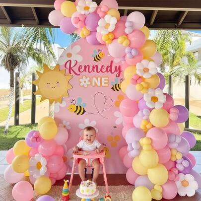 138 piezas de macarrón rosa, amarillo, morado, macarrón morado, marco de arco de globos de margarita - Juego de globos bohemios de látex, adecuado para boda, decoración de aniversario, fiesta, decoración de revelación de género, cumpleaños, Día de la Madre, ceremonia de graduación, decoración de fondo