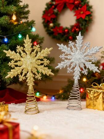 1pc Christmas Golden Snowflake Tree Topper - Elegant Hollow-Out Design With Sparkling Stars, For Home & Store, Holiday Decor, Festive Tree Accessory|Snowflake Pattern| Metal Construction, Christmas Decorations Christmas Decorations Home Christmas Gifts Christmas Decor
