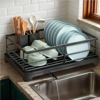 1pc Black Plastic Dish Drying Rack Tray, Approx. 40x30cm, Multifunctional Kitchen Sink Storage Tray, Dish Drying Rack Stand, Cutlery And Utensil Storage Tray