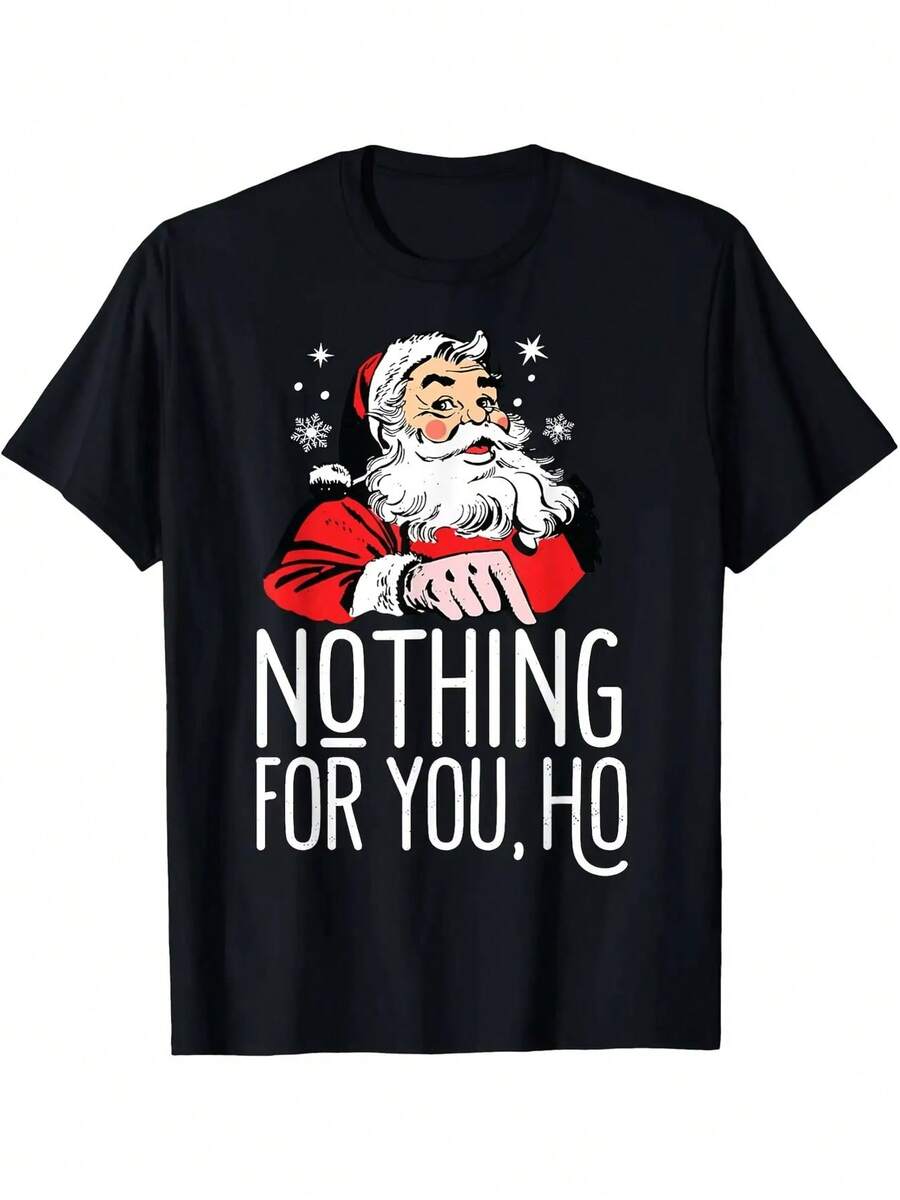 "¡Nada para ti, Ho!" para hombres Camiseta Navideña Ofensiva de Santa Sucio - Negra con Letras Blancas y Gráfico de Santa Travieso, Camiseta Casual de Manga Corta con Cuello Redondo para Fiestas Navideñas y Atuendo Casual, Divertida - Ropa de Humor PC - Negro - Ver 1