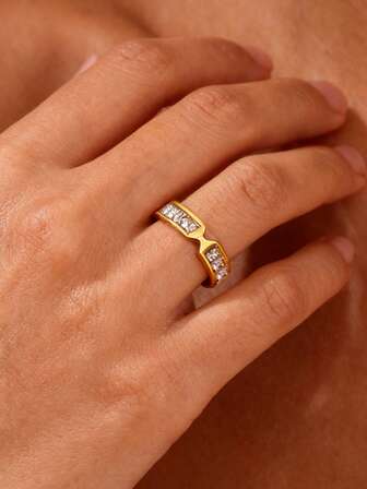 1 pieza Anillo de joyería de acero inoxidable de moda exquisita, con decoración de circonita cúbica hueca para mujeres para decoración diaria