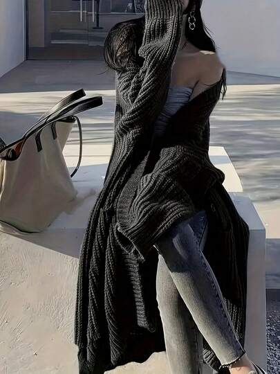 Fondi Plus Size Solid Color Midi Cardigan With Pockets, Long Drop Shoulder Sleeves, Rib Knit Slit Hem, Soft Fabric, Casual Loose Knit Sweater Coat, Long Sleeve, Winter, Valentine's Day Gift