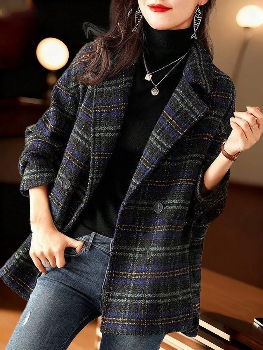 女士宽松格子翻领纽扣休闲长袖外套，带口袋，适合秋、冬、春季穿着。