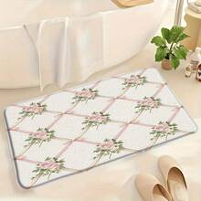 1pc Flannel Vintage Floral Bath Mat With Diamond Pattern, Pink Roses & Green Leaves, Non-Slip Plush Rug Soft Beige Background, Pink Ribbon Bow, Perfect For Bathroom, Kitchen, Bedroom, Or Entryway Decor, Bathroom Rug - 白色 - 查看 3