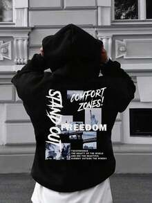 Men's Autumn/Winter New Streetwear Statue Of Liberty, Architecture Graphic Patchwork English Slogan Print Fleece Hoodie - 黑色 - 查看 3