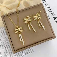 Gold-Plated Copper Micro-Inlaid  Double Pendant Bow Tassel Necklace Women's Earring Set Jewelry Accessories - Vòng cổ XE0136 - Xem 3