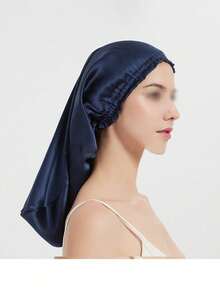 قبعة نوم طويلة من الساتان، قبعة العناية بالشعر مع حزام رقبة مطاطي، وشاح رأس من ألياف البوليستر بلون واحد