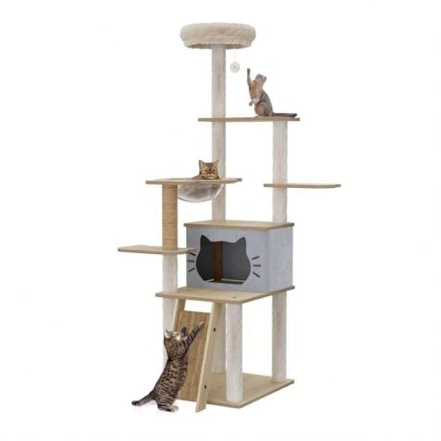 Pawz Cat Tower For Indoor Cats Sisal Scratching Post Ramp Large Cozy Wood Condo 360° Space Capsule Cat Cave MultiLevel Plush Cats Tower For Kittens Cat House With Removable Pads 160cm