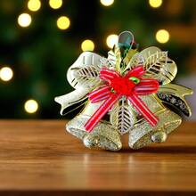 6/12/24 Colgante Campanas navideñas doradas con moño rojo decorativo y brillo, adorno para puerta, chimenea o pared, decoración navideña elegante y festiva para el hogar colgante para interiores y exteriores, ideal para realzar tu ambiente navideño, adorno festivo para casa, oficina o árbol de Navidad - 6Pcs - Ver 5