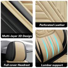 Nappa Leather 5 Seat Luxury Car Seat Covers Full Set Cushion Protector Fit Single Front Seats And Solid Bench 40/60 50/50 60/40 Split Bench Back Universal Fit For Most Cars 4 Season Use - 米色 - 查看 7