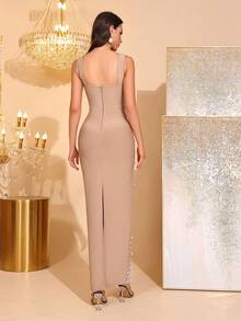 Đầm ôm body dài hở lưng, cổ vuông, dây mảnh, đính đá lấp lánh, đính ngọc trai thủ công, trang trí hoa 3D, đầm dạ hội trang trọng dành cho nữ, thích hợp cho tiệc sinh nhật, tiệc tối trang trọng, lễ hội hóa trang, lễ Phục sinh - Màu Khaki - Xem 7