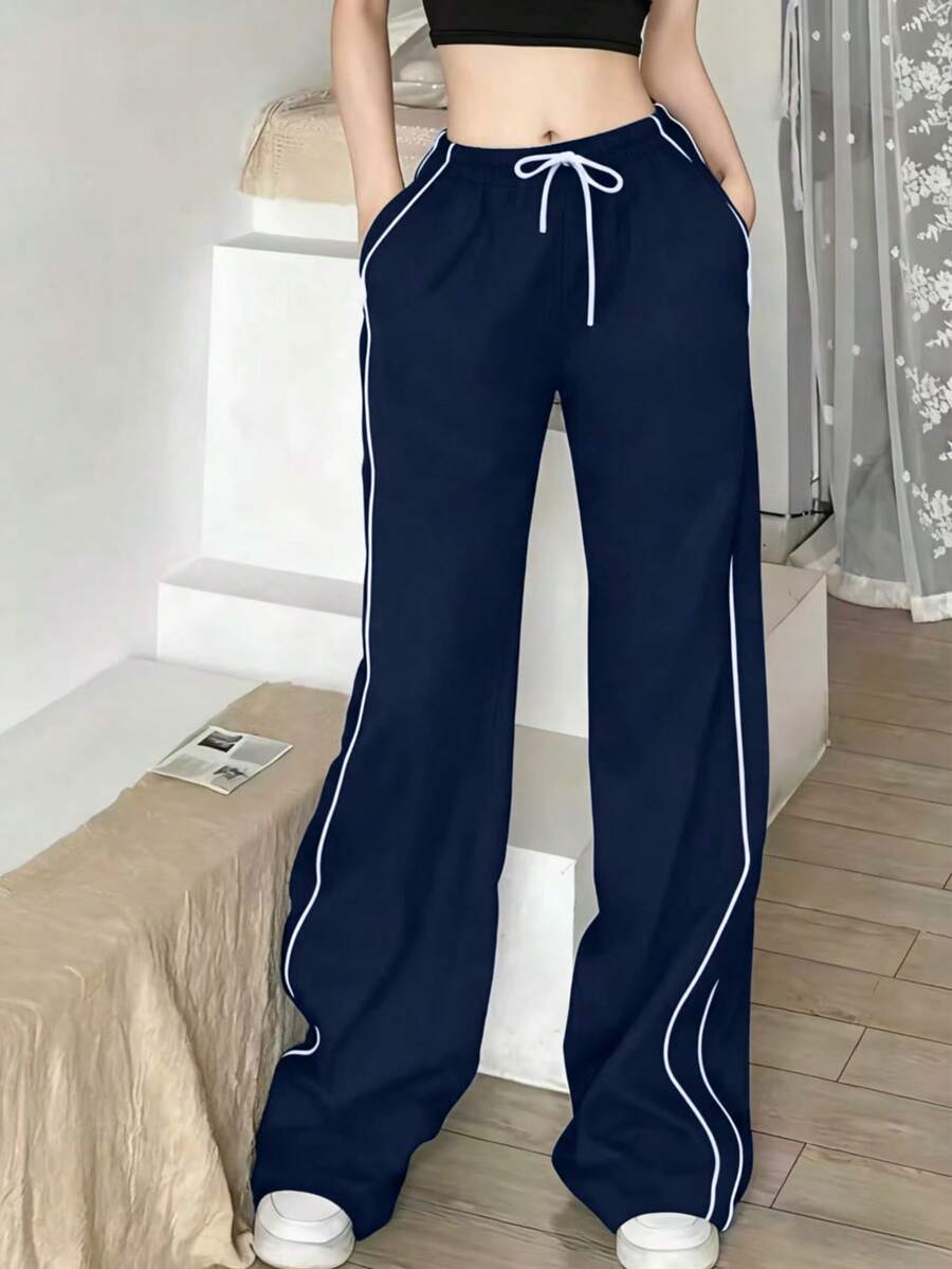 休闲宽松条纹阔腿裤 - 藏蓝色 - 查看 1