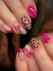 24 Peças Unhas Postiças Média Formato de Amêndoa com Ponta Francesa Estampa de Leopardo e Decoração de Laço Rosa Choque, Estilo Vintage, Cobertura Completa, Unhas Falsas para Mulheres e Meninas, Uso Diário, Festa, Encontros