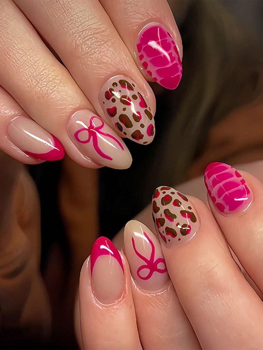 24 Peças Unhas Postiças Média Formato de Amêndoa com Ponta Francesa Estampa de Leopardo e Decoração de Laço Rosa Choque, Estilo Vintage, Cobertura Completa, Unhas Falsas para Mulheres e Meninas, Uso Diário, Festa, Encontros