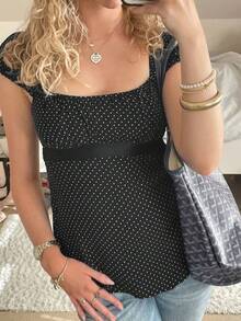 Women Fairy Grunge Y2k Babydoll Shirt Cap Sleeve Micro Polka Dot Tie Back Flowy Babydoll Top Preppy Clothes - màu đen - Xem 3