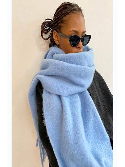 Bufanda de invierno para mujer con flecos - Bufanda larga con flecos de lujo, suave y cálida cortavientos para clima frío, elegante bufanda blanca/azul/negra (sin estiramiento, lavado a mano) - Accesorio de regalo de Navidad