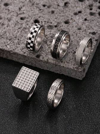 5 件不锈钢戒指，时尚个性化百搭铸造矩形波尔卡圆点戒指，缓解压力黑白/涂鸦/哑光/浮雕纹理可旋转戒指，适合男士日常佩戴、节日、约会礼物首饰