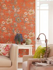 Vintage amerikanischer Landhausstil Orange Blumen Blatt Tapete, selbstklebendes Vlies Material, warme Schlafzimmer Wohnzimmer TV Hintergrund Wand Dekoration, Schrank Möbel Renovierung Aufkleber, romantische Hochzeitszimmer Tapete, dicke europäische Art