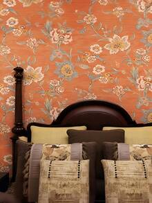 Vintage amerikanischer Landhausstil Orange Blumen Blatt Tapete, selbstklebendes Vlies Material, warme Schlafzimmer Wohnzimmer TV Hintergrund Wand Dekoration, Schrank Möbel Renovierung Aufkleber, romantische Hochzeitszimmer Tapete, dicke europäische Art