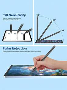 这款触控笔兼容 iPad 10.2 英寸（第十代）/10.9 英寸（2022 年款）、Air 4/5/6/M4、iPad A16（第十一代，2025 年款）、iPad Air 11 英寸和 13 英寸（M3/M2）、iPad Pro 11 英寸/12.9 英寸，具备防误触和倾斜感应功能，内置 90mAh 电池，采用电容式触控技术，适用于 iOS 平板电脑，黑色。 - 黑色 - 查看 5