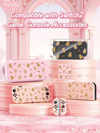 حافظة واقية كاملة لجهاز - بنمط الدب الكرتوني والفيونكة، تشمل الحزمة الحافظة الواقية، حقيبة التخزين، قاعدة الهيكل، غطاء غبار وحدة التحكم، حماية لوحدات التحكم. هدايا عيد الحب/الرومانسية في الخريف والشتاء/هدايا العودة إلى المدرسة/هدايا عيد الميلاد