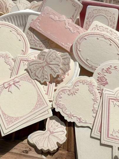 30PCS Pink Lace Edged Notes, Gift Cards, Message Cards, Synthetic Paper, Handwriting Diary Supplies, Scrapbooking Materials, Craft Paper Cards, Thank You Note Stationery Set For Graduation And Back To School Season, 1PC