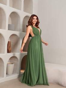 Vestido longo de festa Cecilia - Verde Militar - Visão 4