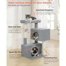32" Cat Tree Tower For Indoor Cats - 2 Cozy Condos, Multi-Level Cat Scratching Posts With Sisal, Soft Padded Perch, 2 Dangling Toys, Light Grey - 灰色 - 查看 4