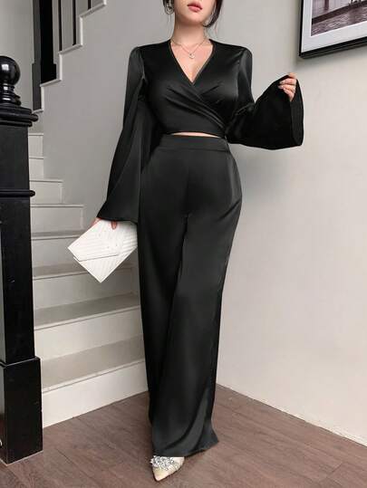 abyoxi Women's Black Satin Elegant Sexy Cross V-Neck Tie Waist Long Flared Sleeve Wrap Crop Top And Wide Leg Pants 2 Piece Set, Chic Commute Fashion Party Outfits, Homecoming, Fall Winter Clothing