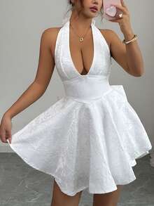 Unadoll 女士春季提花面料深V领露背吊带蝴蝶结性感浪漫连衣裙，适合婚礼、派对、晚宴、生日、鸡尾酒会、情人节等场合。优雅派对 - 白色 - 查看 6