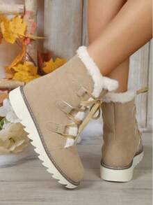 New Women's Winter Velvet Mid-Calf Warm Boots, Snow Boots, Fashionable And Versatile Lace-Up Non-Slip Thick-Soled Boots - Màu Khaki - Xem 4