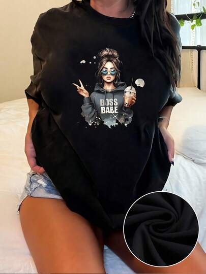 Camiseta gráfica de moda para mujer, estampado Boss Babe Bubble Tea, camiseta casual de manga corta, elegante top urbano, cómoda mezcla de algodón, disponible en varios tamaños, ¡regalo perfecto para ella!