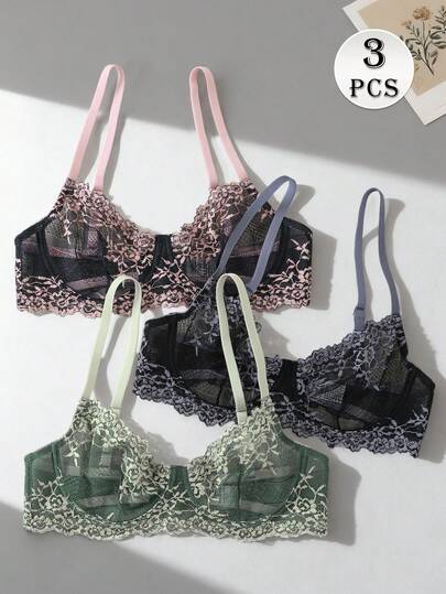 3pcs Women's Sexy Lace Bra, Semi-Sheer Underwire Bra Without Padding, Embroidered