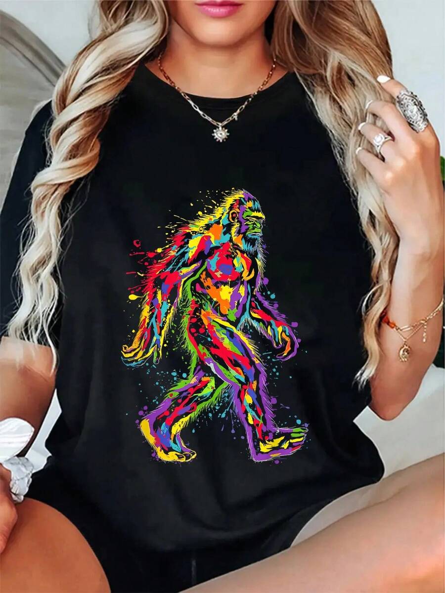 100% Cotton Colorful Abstract Bigfoot Painting Art Graphic Motif Bigfoot T-Shirt Women's Men's Summer Vacation Soft Tee Relaxed Fit Classic Comfort Tops - Black - View 1