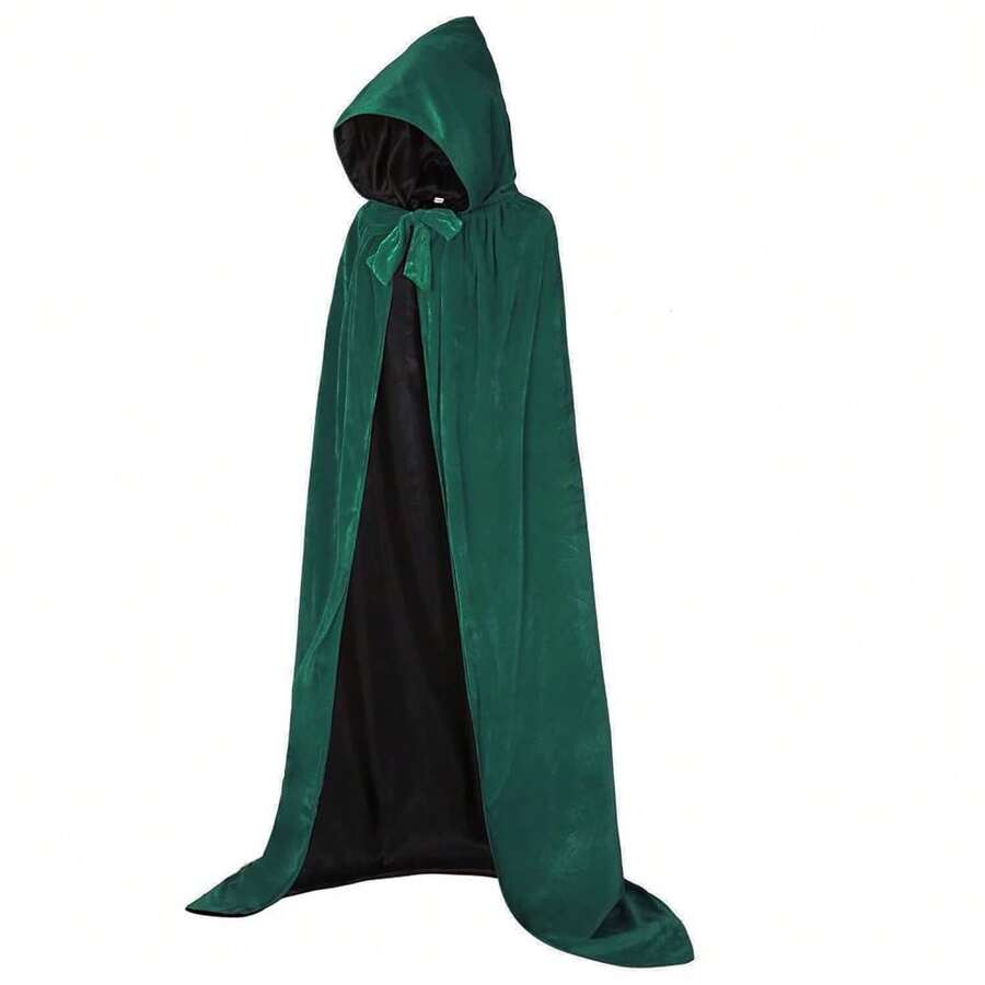 ALIZIWAY Hooded Cape Reversible Velvet Cloak Lined With Satin Renaissance Medieval Halloween Christmas Cosplay Costume{"Color_name":"Reversible-GreenVelvetandBlackSatin","Size_name":"Small"} - 雙面-綠色天鵝絨和黑色緞子 - 查看 1